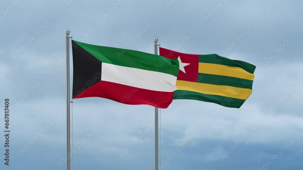 Togo, Togolese Republic and Kuwait flag waving together on cloudy sky, endless seamless loop, two country cooperation concept Togo, Togolese Republic and Kuwait flag waving together on cloudy sky, endless seamless loop, two country cooperation concept