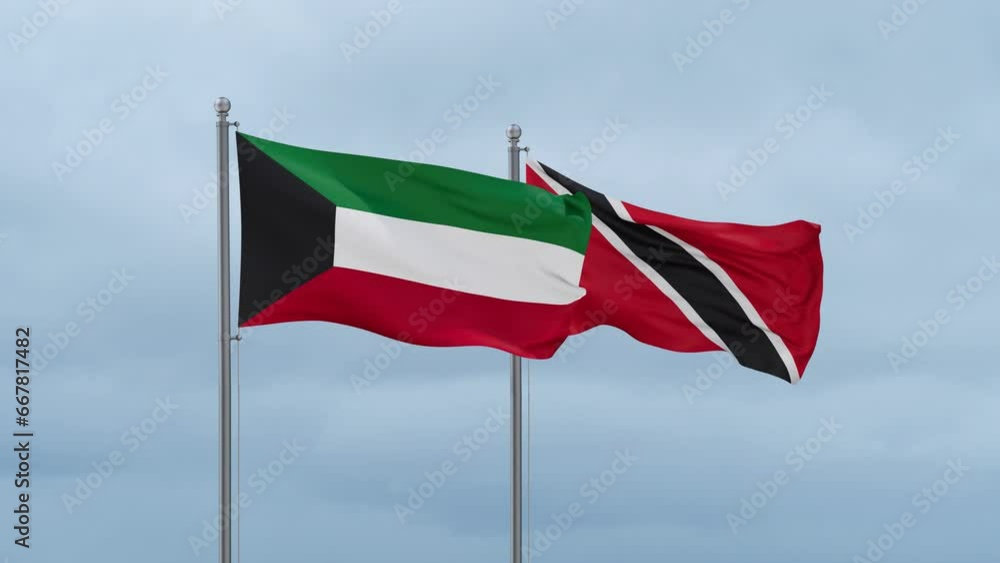 Trinidad and Tobago and Kuwait flag waving together on cloudy sky, endless seamless loop, two country cooperation concept Trinidad and Tobago and Kuwait flag waving together on cloudy sky, endless seamless loop, two country cooperation concept