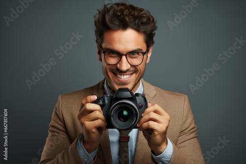 Male journalist photo reporter. Photographer or photojournalist. Portrait with selective focus and copy space
