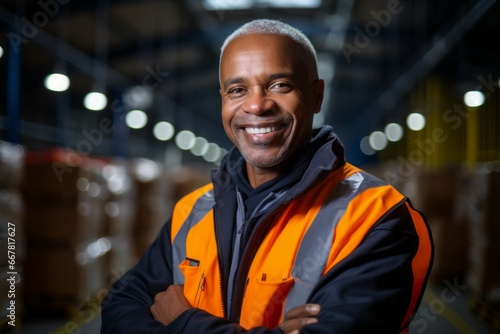 Man warehouseman in a warehouse. Portrait with selective focus and copy space
