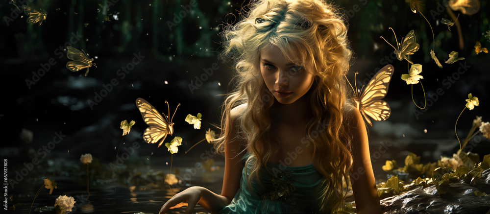 Fairy Girl In A Magical Forest Surrounded By Golden Butterflies.  Illustration On The Theme Of Fairy Tales And Fantasy, Travel And Magic. Generative AI