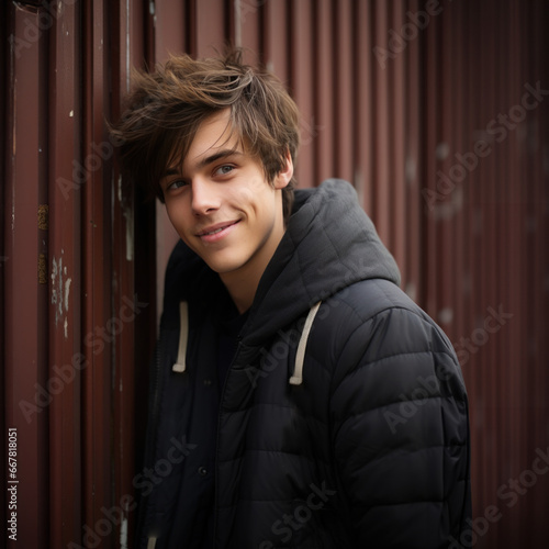 jeune garçon brun cheveux court souriant pris en photo dans la rue en tenue décontractée, éclairage naturel © Sébastien Jouve