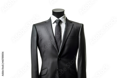 Close up of a mannequin in a black suit and tie