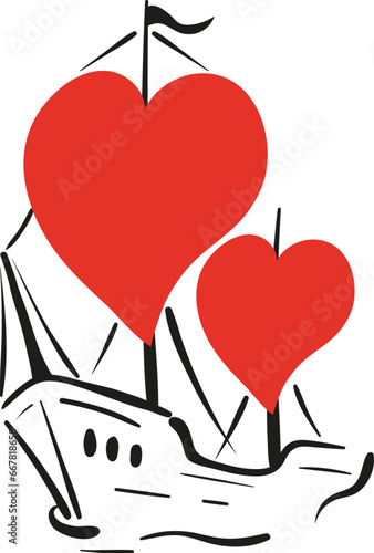 Doodle ship with heart shaped sails. Love concept. Romantic vector illustration