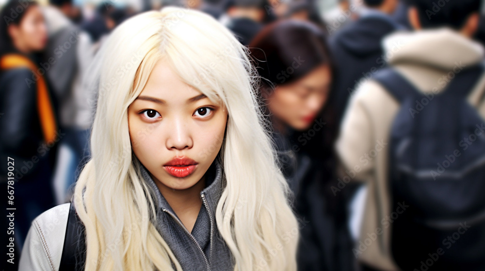 Blonde Woman in a Crowded Public Space with Intense Gaze