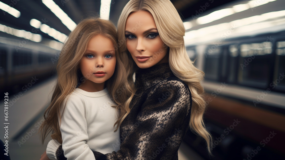 Beautiful Blonde Woman and Daughter: Train Station Bonding