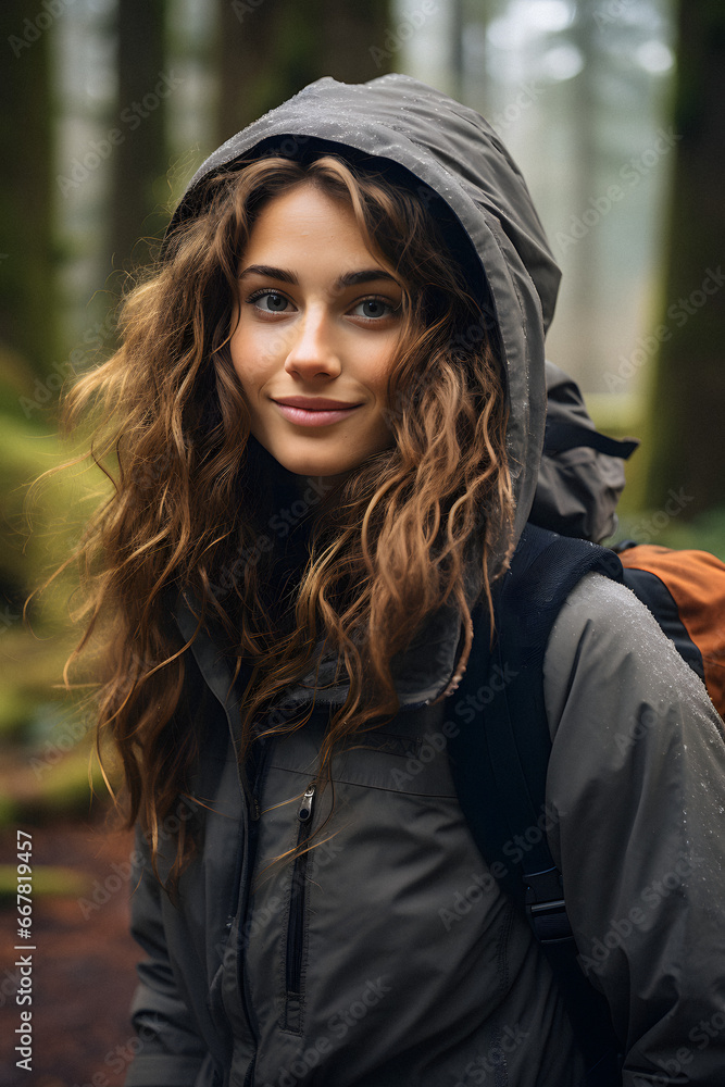 Beautiful Young Woman Hiking Through the Woods Smiling at Camera Beautiful Young Woman Hiking Through the Woods Smiling at Camera