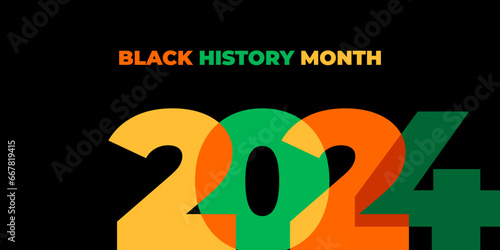 Black history month 2024 vector banner. Numbers with African colors. African-American History Month illustration for social media, card, poster on black background.