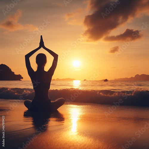 Woman Practicing Yoga on Beach at Sunset © Adam