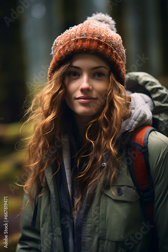 Beautiful Young Woman Hiking Through the Woods Smiling at Camera