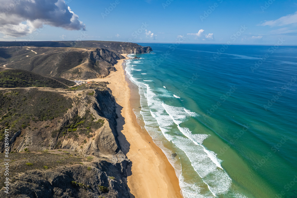 Coastline on Atlantic Ocean beach in Portugal, Aerial drone view