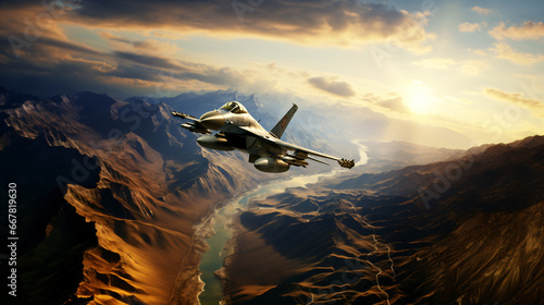 Dramatic Aerial View of Fighter Jet Over Majestic Mountains, Enhanced by Generative AI