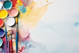 set of accessories for painting with paints and brushes. fine art tools. creative composition in flatley style . top view. copy space.	