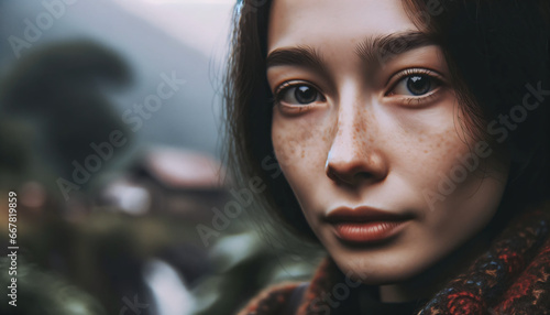Photo close-up of the woman's face, capturing the subtle emotions in her eyes. The backdrop is blurred, focusing solely on her expressions, revealing a story untold. © Dream Canvas CPH
