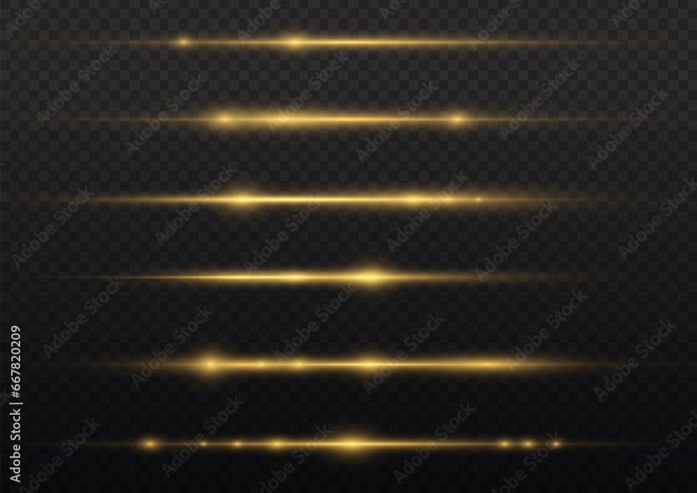 Yellow horizontal lens flares pack. Laser beams, horizontal light rays. Beautiful light flares. Glowing streaks on dark background. Luminous abstract sparkling lined background. Yellow horizontal lens flares pack. Laser beams, horizontal light rays. Beautiful light flares. Glowing streaks on dark background. Luminous abstract sparkling lined background.