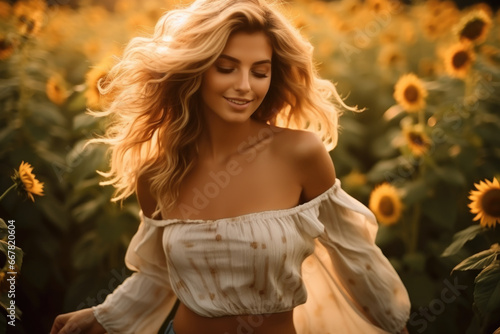 Blonde woman in a field of sunflowers, captured with dynamic energy and bathed in golden light