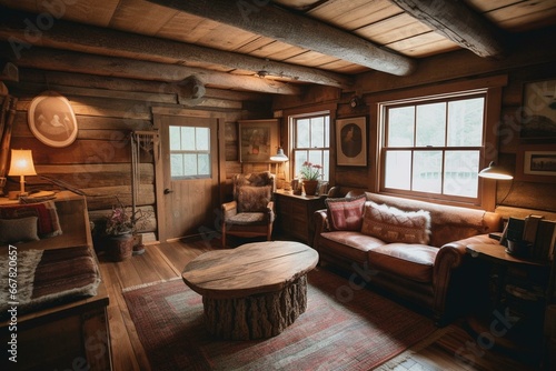 Rustic cabin decor with cozy furniture and natural materials. Generative AI