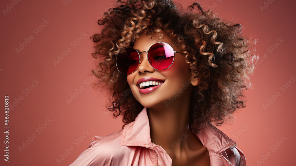 Fototapeta premium A stylishly clad, beaming black female models a trendy, vintage-inspired ensemble, complete with fashionable sunglasses.
