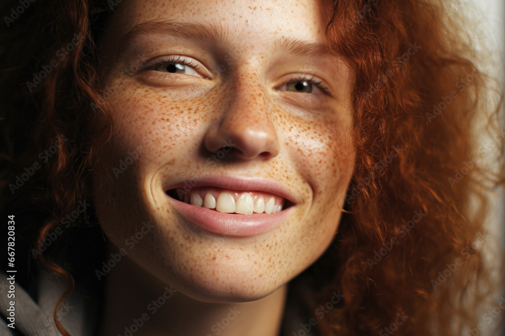 young redhead girl smiles with freckled face young redhead girl smiles with freckled face