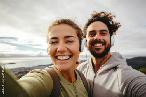 couple taking a fun selfie against the sky with headphones listening to music on the beach