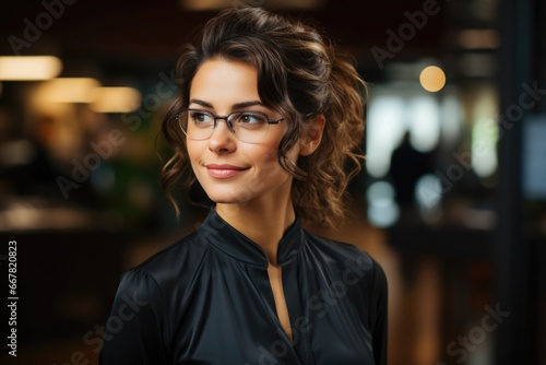 A portrait of a woman wearing glasses, smiling, with a blurred office background.