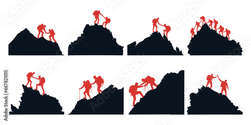 Silhouette collection of team together reaching the top of mountain peak. Teamwork, togetherness, success, victory, goal, achievement. Vector illustration concept