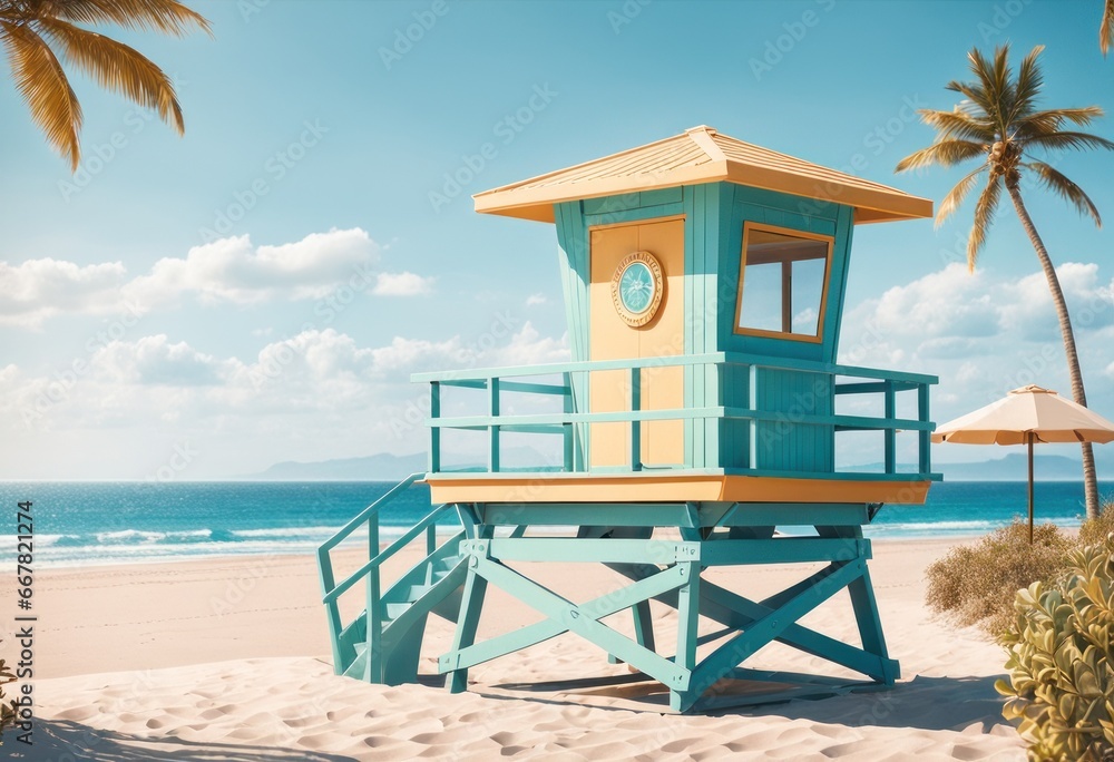 Scenic afternoon view of traditional aging lifeguard tower in weathered pastel colors