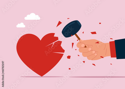 Angry using hammer to hit broken heart shape metaphor of family problem. Marriage difficulties problem, divorce. Vector flat illustration