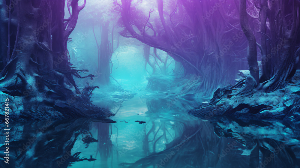An enrapturing woodland awash in bewitching hues of supernatural teal and visionary lilac, transporting audiences to a fabulous world.