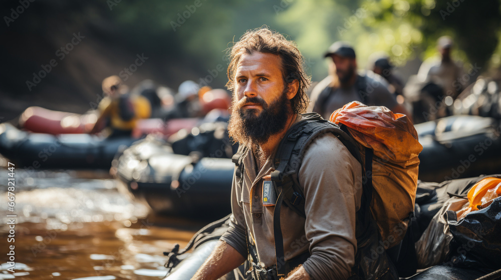 A team of adventurous rafters embarking on a multi-day river expedition, their rafts loaded with gear and supplies for an epic journey into the wilderness, symbolizing the spirit o A team of adventurous rafters embarking on a multi-day river expedition, their rafts loaded with gear and supplies for an epic journey into the wilderness, symbolizing the spirit o