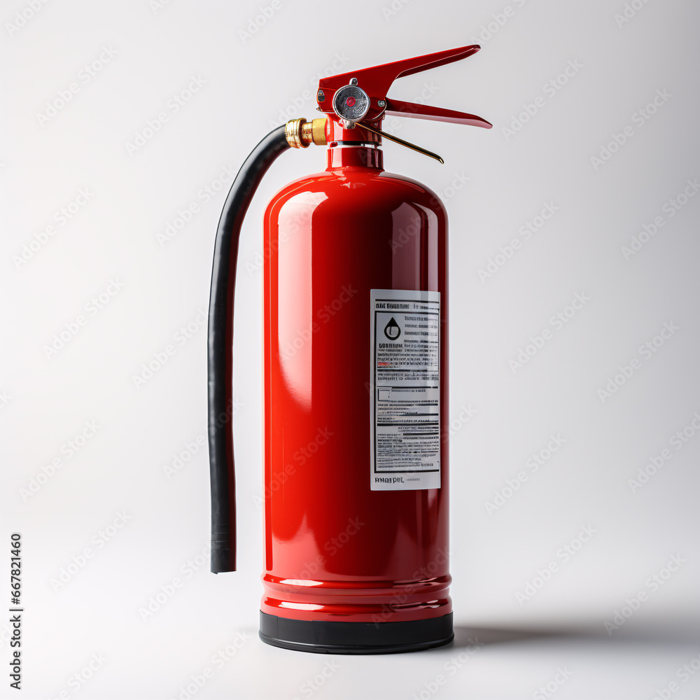 A scarlet fire extinguisher isolated against a pallid background, connoting fire safety. A scarlet fire extinguisher isolated against a pallid background, connoting fire safety.