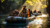 A team of adventurous rafters embarking on a multi-day river expedition, their rafts loaded with gear and supplies for an epic journey into the wilderness, symbolizing the spirit o