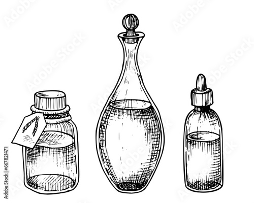 Set of Glass Bottles and transparent Carafe. Hand drawn vector illustration of Decanter and Flacons for Spa or medicine design in black and white colors. Linear vintage Flagon for essential oil.