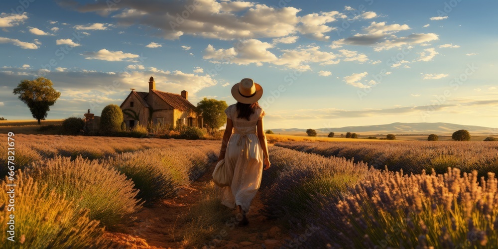 Fototapeta premium A woman walking in a quiet field near a country house in a beautiful dress and hat