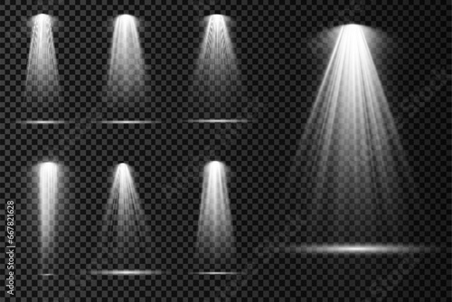 Scene illumination, transparent effects on a plaid dark background. Bright lighting with spotlights.