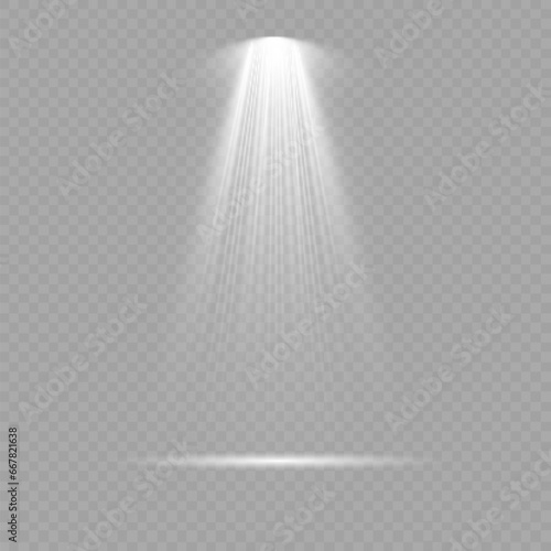 Bright white lighting with spotlights, projector light effects, scene, spot light isolated. Scene illumination big collection, transparent effects. Bright lighting with spotlights.