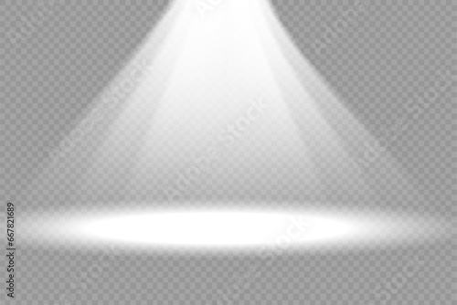 Vector spotlight set. Bright light beam. Transparent realistic effect. Stage lighting. Vector glowing light effect with white rays and beams. 