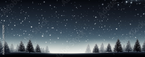 Natural winter New Year banner with night sky, heavy snowfall and forest, with space for text. Winter landscape for Christmas photo