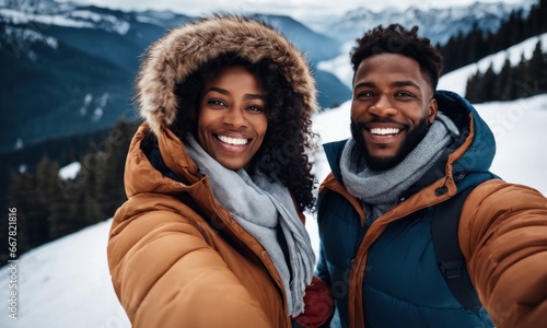 Happy african american couple in snowy mountains in winter taking selfie