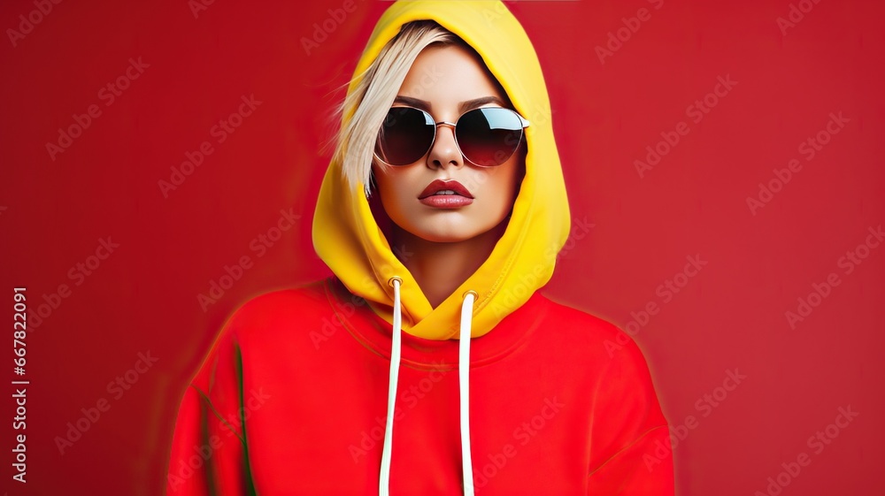 Blonde Beauty: Girl in a Red Hoodie with Yellow Hood and Sunglasses on a Red Background Blonde Beauty: Girl in a Red Hoodie with Yellow Hood and Sunglasses on a Red Background
