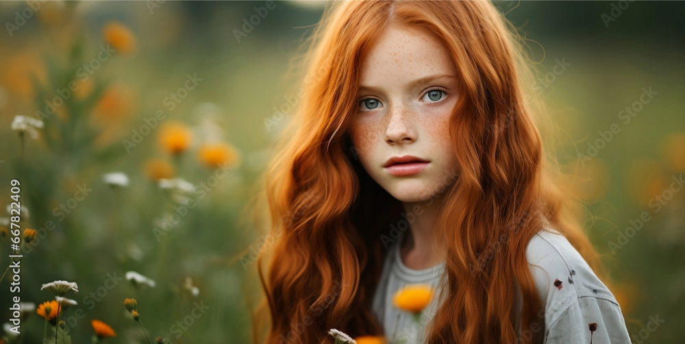 Fototapeta premium Cute Young Happy Girl.Young little Girl red hair.