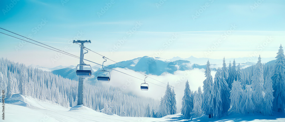 Empty Cabin of ski lift over snow capped mountain and forest. Ski or skiing background. Beautiful nature landscape. Panorama view. Winter vacation, resort. Generative ai