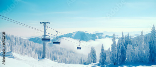 Empty Cabin of ski lift over snow capped mountain and forest. Ski or skiing background. Beautiful nature landscape. Panorama view. Winter vacation, resort. Generative ai