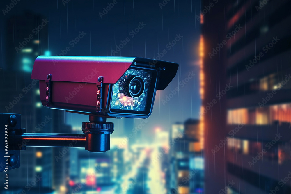 Security camera on modern building in rainy weather at night. Professional surveillance cameras. CCTV in the city. Security system, technology. Video equipment for safety system area control outdoor - obrazy, fototapety, plakaty 