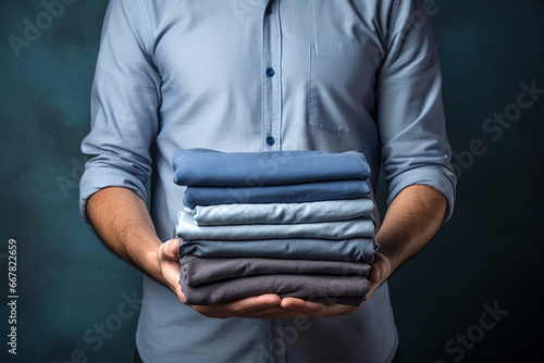 Man holding stack of clothes for reuse, donation or moving. Renewable concept, Laundry day, recycling, charity. Reuse, recycling and reducing textile waste, second hand, give away, sustainable living.