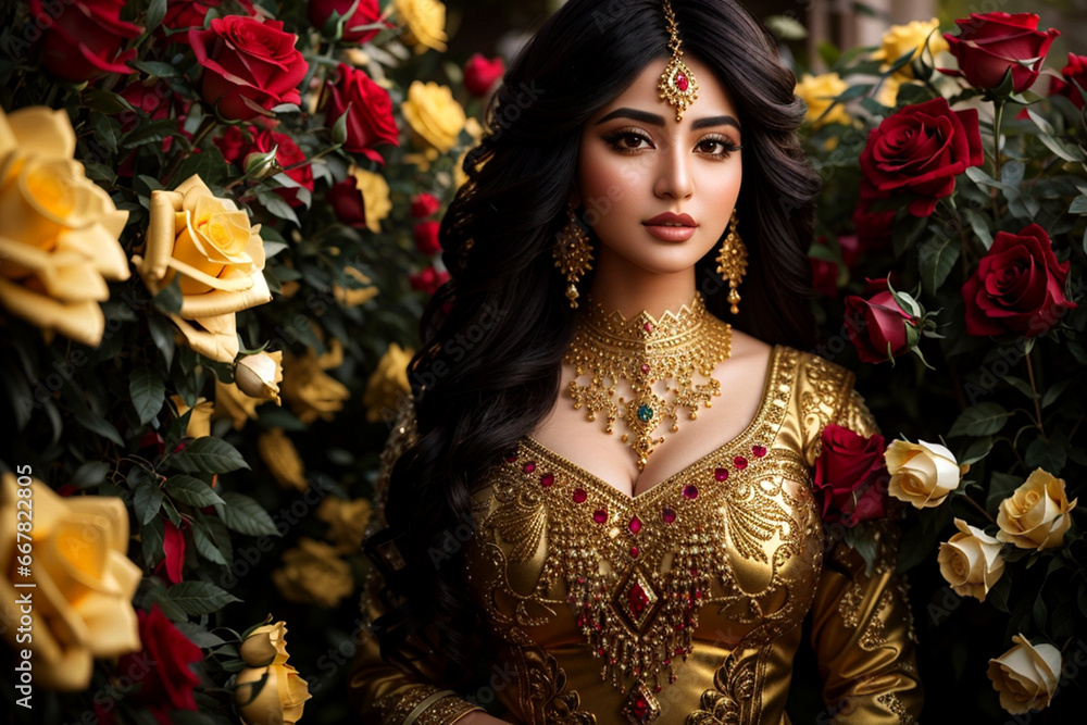 Portrait oriental woman With Bridal arabic style makeup In rose garden Portrait oriental woman With Bridal arabic style makeup In rose garden