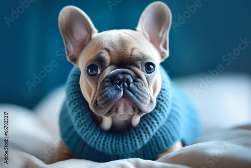 Cute French Bulldog in a blue sweater on the bed.  © julijadmi