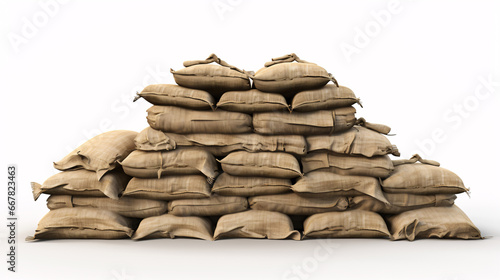 A white background showcasing a stacked sandbag barricade shield. photo