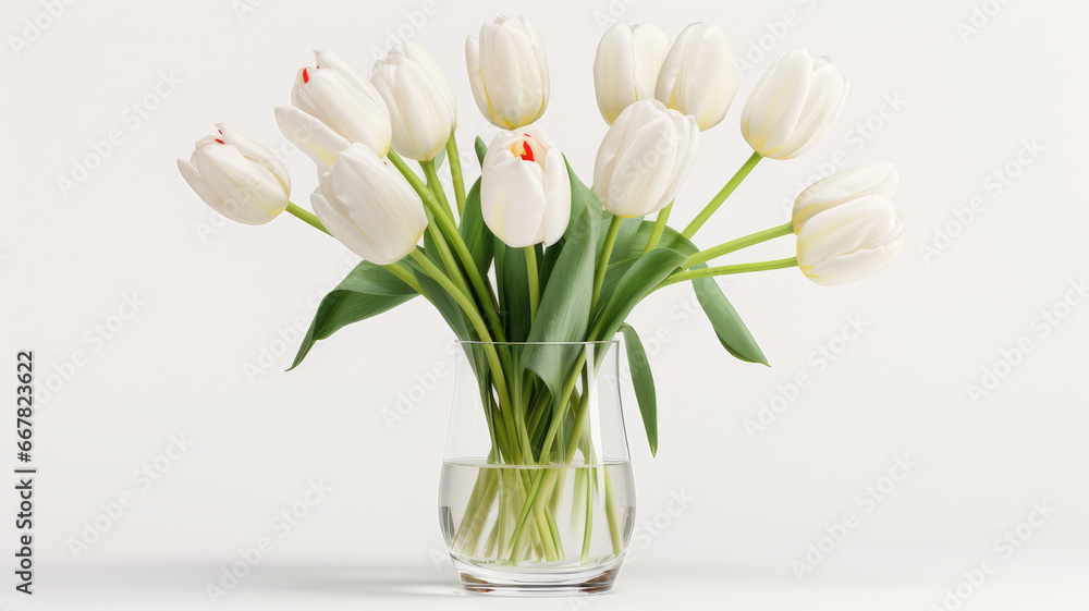 Minimalist Still Life with Seven White Tulips in Clear Glass