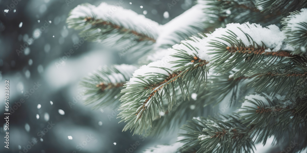 Winter background with spruce branches with space for copy.